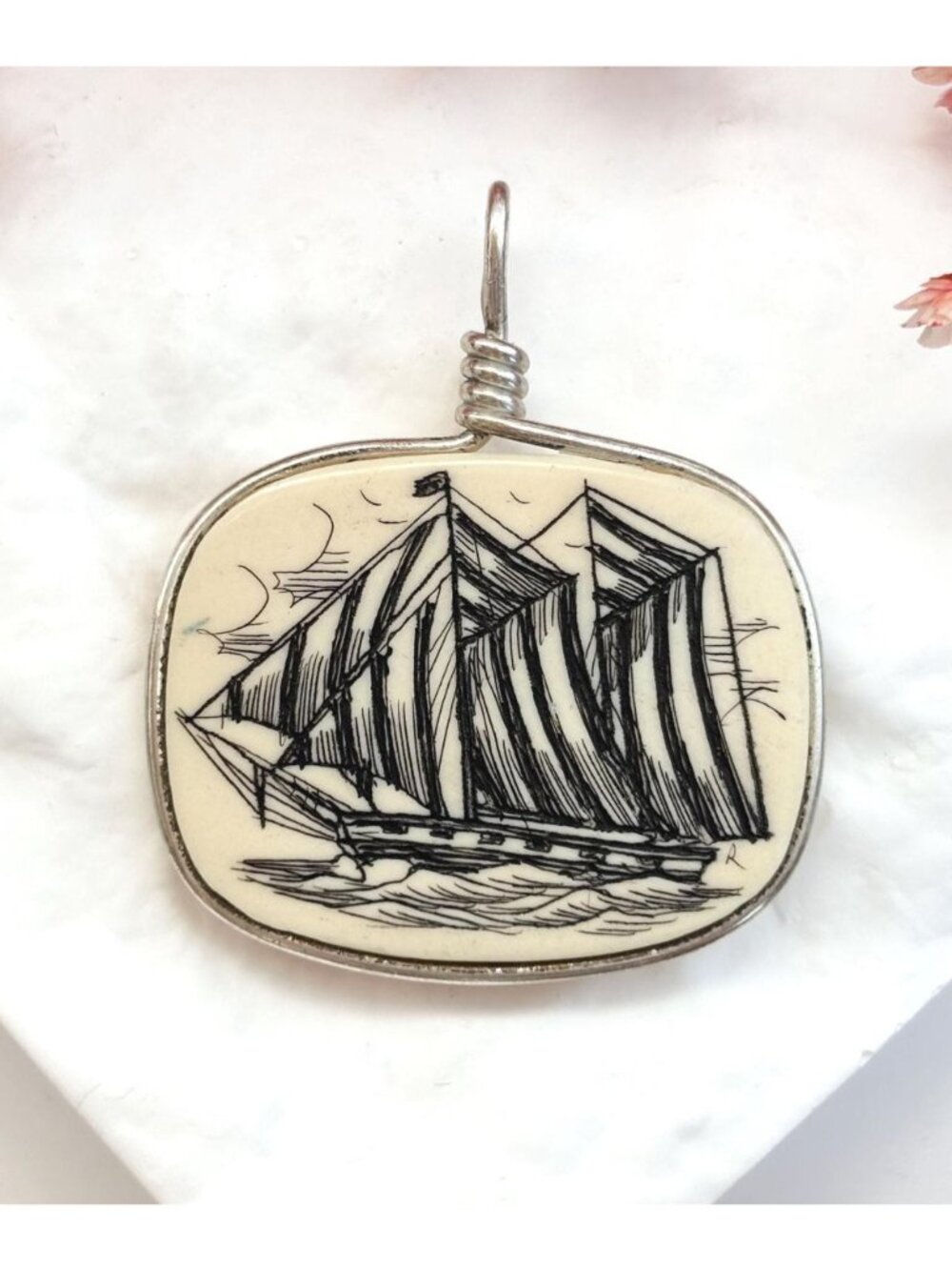Faux Scrimshaw Vintage Sterling Silver 925 Nautical Boat Themed Pendant | Charm